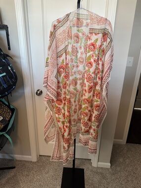 Floral Open-Front Kimono Wrap - Coral and Green